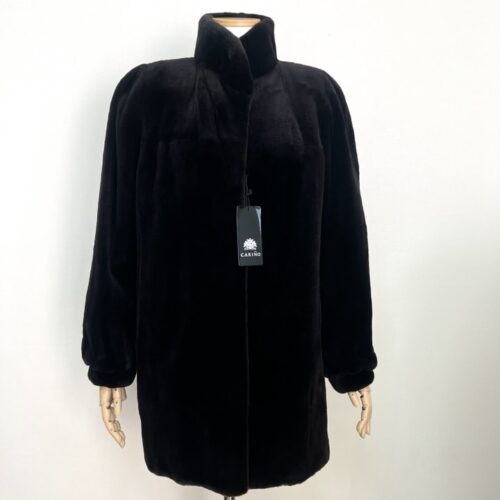 미사용전시품 CARINO 딥다크브라운 하이넥 풀스킨 쉬어드 하프밍크코트 특수기법